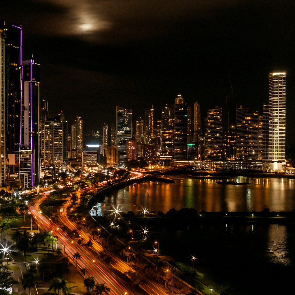 Skyline nocturno de la Ciudad de Panamá con edificios iluminados y la Cinta Costera, ideal para turismo urbano y viajes en Panamá